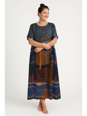 Beulah Style Viceroy Charcoal Print Caftan Maxi Dress One Size NWT